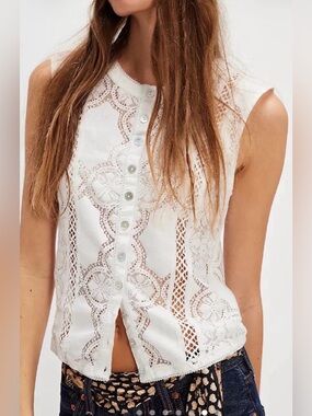 Free People Jae Lace Knit Sleeveless Top in Ivory